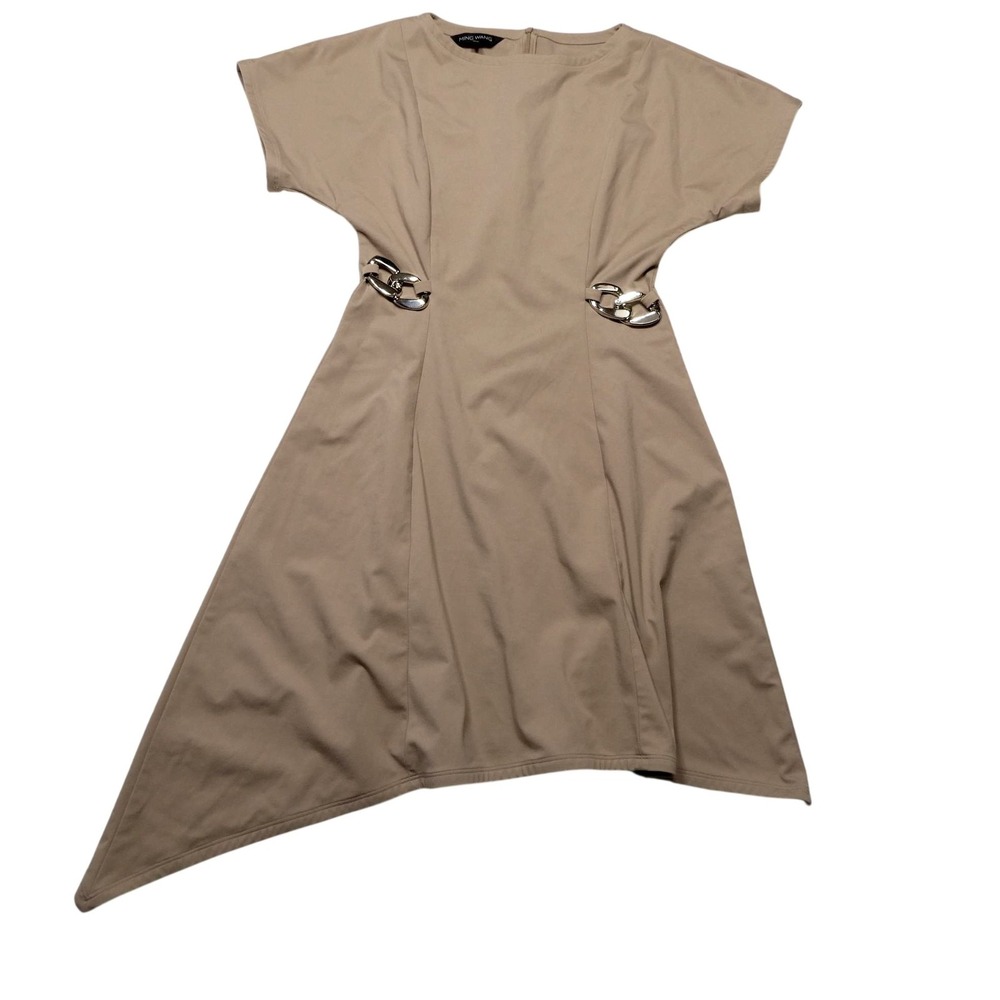 Ming Wang Dress Womens Small Beige Knit Asymmetrical Fit & Flare Chain Waist